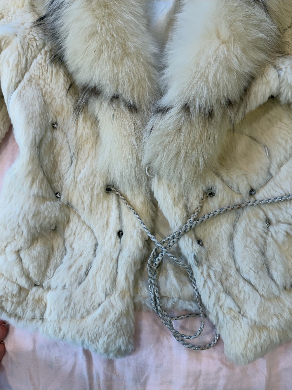 Vintage White Rabbit Fur Jacket Fox Fur Collar Y2K XS S - Picture 8 of 12